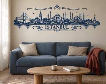 Istanbul Skyline Wall Decal, Ornamental Turkish City Vinyl Sticker for Living Room and Office