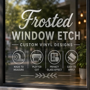Könnte beinhalten: Milchglasfolie für Fenster mit weißem Text und Symbolen auf einer Glasfläche. Die Grafik zeigt vier kreisförmige Symbole, die die Merkmale maßgefertigt, plottergeschnitten, Sichtschutz-Glaseffekt und einfache Anwendung darstellen.