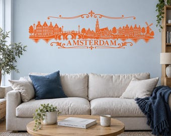 Amsterdam Skyline Wall Decal, Dutch Canal Houses and Windmill Vinyl Sticker for Living Room and Office