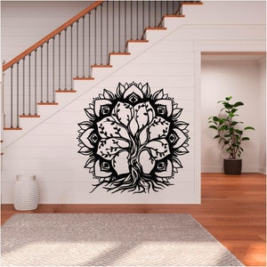Mandala boomstam mediteren vinyl kunst aan de muur, sticker, sticker, overdracht, muurschildering, decor, huur vriendelijk, interieur, exterieur, volledige muur - 0968