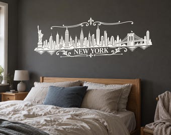 New York Skyline Wall Decal, Ornamental Vinyl City Sticker for Living Room and Office