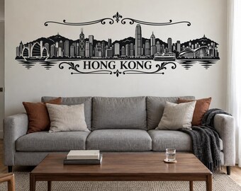 Hong Kong Skyline Wall Decal, Ornamental Harbour City Vinyl Sticker for Living Room and Office