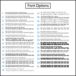May include: An image displaying font choices. The heading reads "Font Options". Thirty-one examples of text are shown, each using a different font to display the sentence "The quick brown fox jumps over the lazy dog."