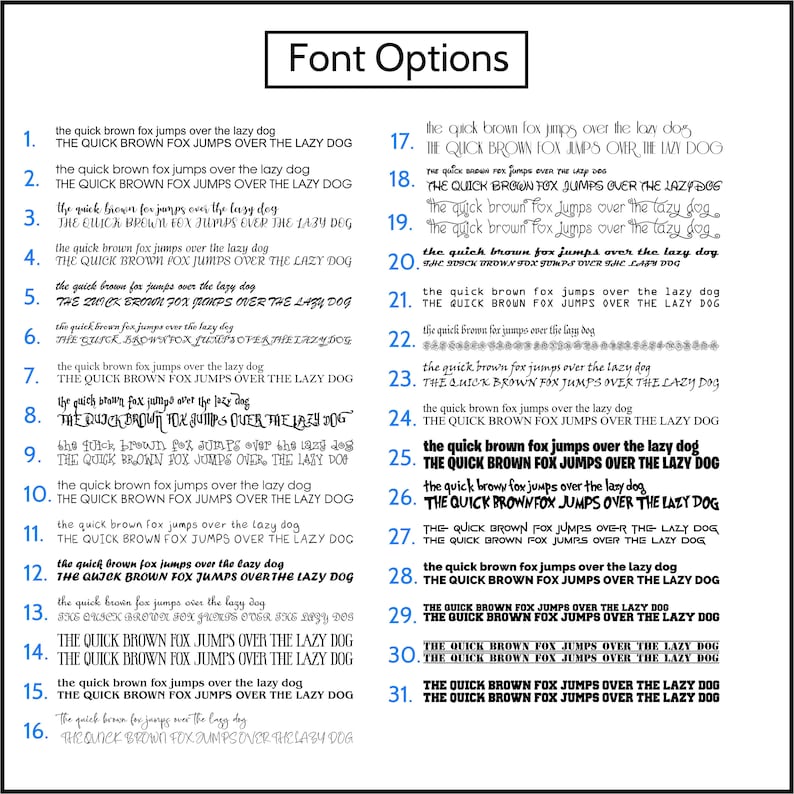 May include: An image displaying font choices. The heading reads "Font Options". Thirty-one examples of text are shown, each using a different font to display the sentence "The quick brown fox jumps over the lazy dog."