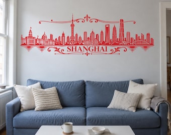 Shanghai Skyline Wall Decal, Ornamental Chinese City Vinyl Sticker for Living Room and Office