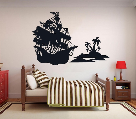 Pirate Ship on Island Vinyl Wall Art, Decal, Sticker, Transfer, Mural, Decor,  Rent Friendly, Interior, Exterior, Full Wall 0646 -  Canada