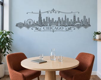 Chicago Skyline Wall Decal, Ornamental Illinois City Vinyl Sticker for Living Room and Office