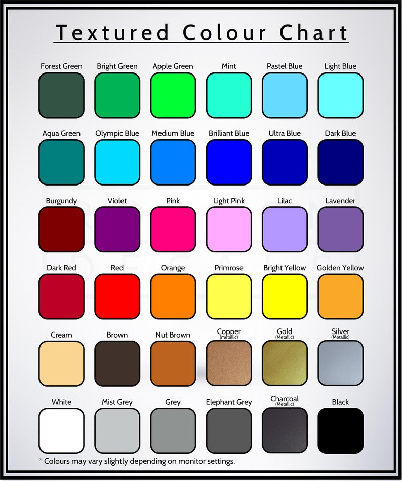 Puede incluir: Una carta de colores con 36 cuadrados que muestran diferentes colores y acabados met&aacute;licos. Los colores incluyen verde bosque, verde brillante, verde manzana, menta, azul pastel, azul claro, verde agua, azul ol&iacute;mpico, azul medio, azul brillante, azul ultra, azul oscuro, burdeos, violeta, rosa, rosa claro, lila, lavanda, rojo oscuro, rojo, naranja, pr&iacute;mula, amarillo brillante, amarillo dorado, crema, marr&oacute;n, marr&oacute;n avellana, cobre, oro, plata, blanco, gris perla, gris, gris elefante, carb&oacute;n vegetal y negro.