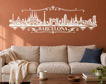 Barcelona Skyline Wall Decal, Ornamental Spanish City Vinyl Sticker for Living Room and Office
