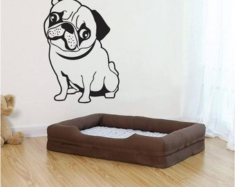 Arte de pared de vinilo Pug confundido, calcomanía, pegatina, transferencia, mural, extraíble, decoración, alquiler amigable, interior, exterior, pared completa - 0977
