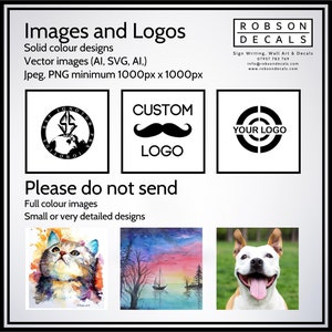May include: Promotional image for Robson Decals, showcasing examples of logos and images suitable for decals. The image includes text specifying design requirements, such as solid colour designs and vector images. Examples of logos are shown.