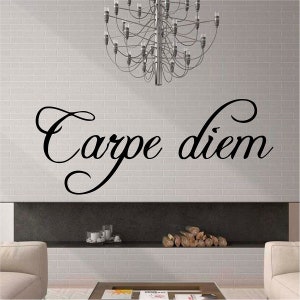 Puede incluir: Pegatina de pared en blanco y negro con la frase latina "Carpe Diem" en una fuente de letra decorativa.