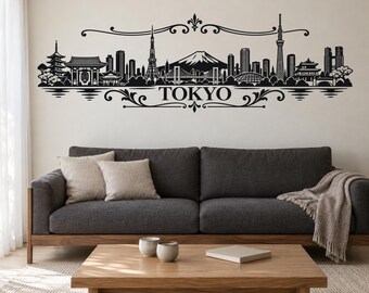 Tokyo Skyline Wall Decal, Ornamental Japanese City Vinyl Sticker for Living Room and Office
