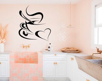 Café Amor Corazón Vinilo Pared Arte, Calcomanía, Pegatina, Transferencia, Mural, Extraíble, Decoración, Alquiler Amistoso, Interior, Exterior, Pared Completa - 0235