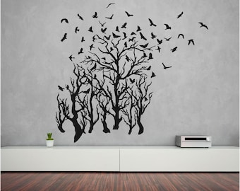 Corvos nas árvores Arte em parede de vinil, decalque, adesivo, transferência, mural, decoração, aluguel amigável, interior, exterior, parede completa removível, - 1023