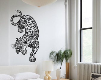 Arte de pared de vinilo de leopardo agachado, calcomanía, pegatina, transferencia, mural, extraíble, decoración, alquiler amigable, interior, exterior, pared completa - 0690