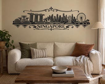 Singapore Skyline Wall Decal, Ornamental City Vinyl Sticker for Living Room and Office