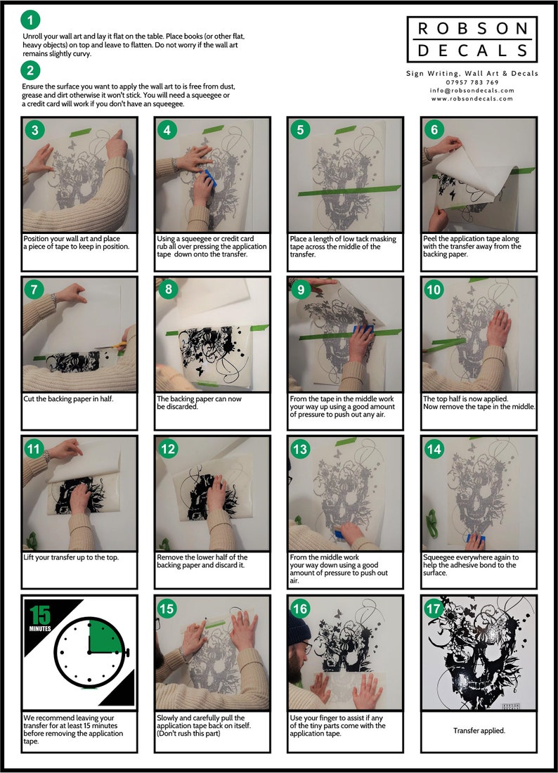 Puede incluir: Una gu&iacute;a de 17 pasos para aplicar una calcoman&iacute;a de pared. La gu&iacute;a incluye im&aacute;genes de cada paso e instrucciones de texto. La calcoman&iacute;a es una calavera en blanco y negro con mariposas.