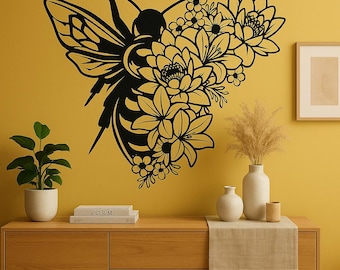 Floral Bee Wall Decal | Custom Vinyl Sticker | Bee Wall Art | Nature-Inspired Home Decor | Kitchen, Nursery, or Vehicle Vinyl | FA015