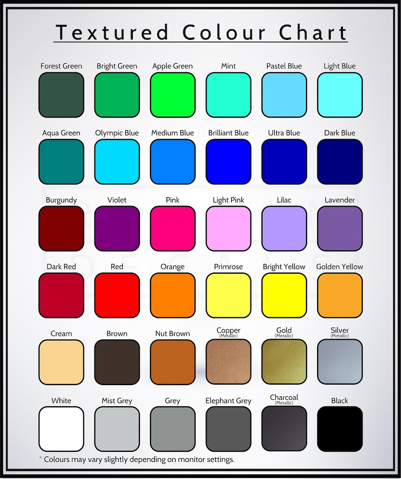Puede incluir: Una carta de colores con 36 cuadrados que muestran diferentes colores y acabados met&aacute;licos. Los colores incluyen verde bosque, verde brillante, verde manzana, menta, azul pastel, azul claro, verde agua, azul ol&iacute;mpico, azul medio, azul brillante, azul ultra, azul oscuro, burdeos, violeta, rosa, rosa claro, lila, lavanda, rojo oscuro, rojo, naranja, pr&iacute;mula, amarillo brillante, amarillo dorado, crema, marr&oacute;n, marr&oacute;n avellana, cobre, oro, plata, blanco, gris perla, gris, gris elefante, carb&oacute;n vegetal y negro.