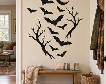 Vinyldekalset med fladdermus och måne - 13 Halloweenmotiv med grenar