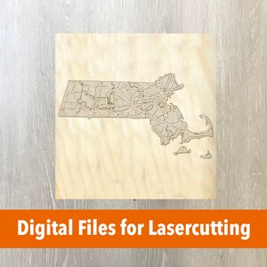 Pode incluir: Mapa de madeira do Massachusetts cortada a laser com todos os caminhos e autoestradas delineados. Arquivos digitais para corte a laser.