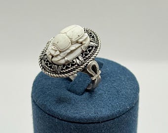 Anillo antiguo de plata maciza 900 con escarabajo, estilo renacentista egipcio, talla 7.5, con sellos árabes.