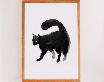 Pittura gatto nero 11x16" A3 - Arte gatto acquerello - Gatto giapponese - Regalo gatto - Arte della parete gatto Home Decor - Casa moderna minimalista A3