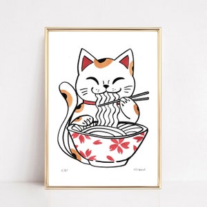 Ramen Druck, Maneki Neko Druck Wandkunst, Ramen Poster, Katzennudeln Kunst, japanische Dekoration, Katzenwandkunst minimalistische moderne Hauskatzenkunst A4