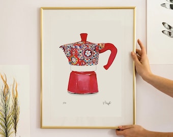 Coffee art print gift, Italian coffee moka stove-top coffee maker print, coffee poster, coffee lover gift, kitchen wall art, kitchen print