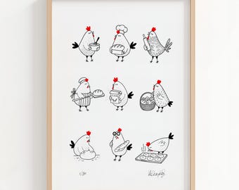 Farmhouse kitchen wall art, Chickens home decor, hens print, baking bread art, cottage-core illustration