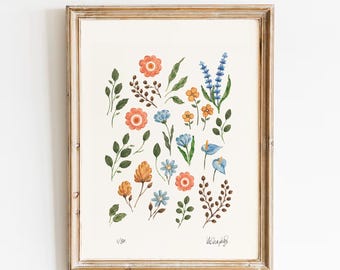 Floral wall art, wildflower print, farmhouse botanical decor, cottagecore nursery interior gift (A4 8x10")