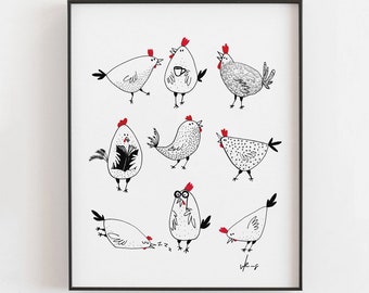 Chicken print, chickens art, chickens poster, chicken wall art, country chicken print, hen print, farmhouse print, cottage decor A4 8x10