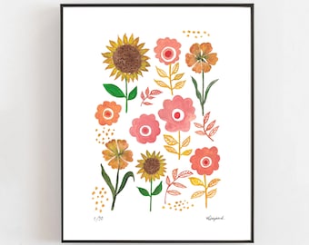 Lámina artística de girasol firmada: Ilustración floral bohemia, tamaño A4