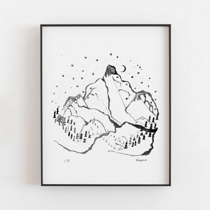 Mountain print, mountains art print | Abstract art Minimalist home decor | monochrome line drawing | black white poster illustration A4 8x10