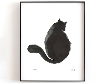 Black Cat Watercolor Print: Abstract Japanese Art (A4)