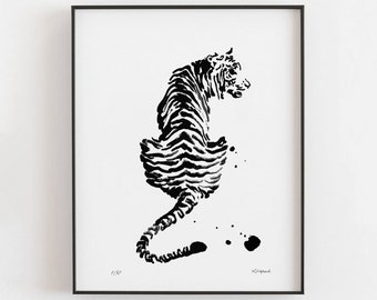 White tiger art print office decor - tiger gift - watercolour tiger -  art black bedroom | decoration wall poster | home decor A4 8x10 8x12
