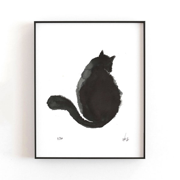Schwarze Katze Aquarell Druck: Abstrakte japanische Kunst (A4)
