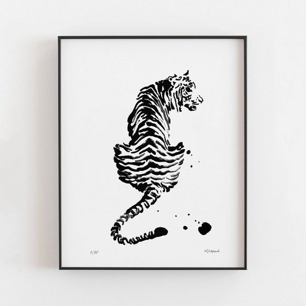 Décoration de bureau imprimée tigre blanc - cadeau tigre - tigre aquarelle - chambre noire artistique | affiche murale décorative | Décoration intérieure A4 8 x 10 8 x 12