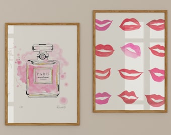Valentines gift for her, pink wall art, perfume wall art, girly prints, girls bedroomroom decor, pink lips print, lips art, 2 x A4