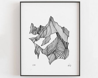 Mountain Print, Line drawing wall art, Landscape signed A4 Minimalist artwork gift