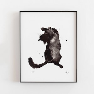 黒猫プリント、黒猫アート、猫の壁アート、黒猫ギフト、日本の猫ギフト、黒猫のシルエット、モダンな抽象的な猫の招き猫プリント