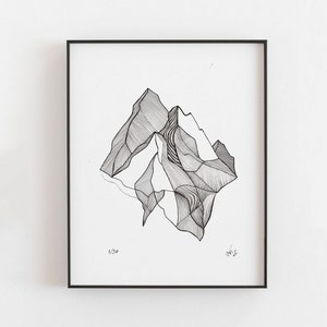 Impressão artística de montanhas abstratas | impressão minimalista | pôster minimalista moderno, impressão monocromática de meados do século | arte de paisagem japonesa A4