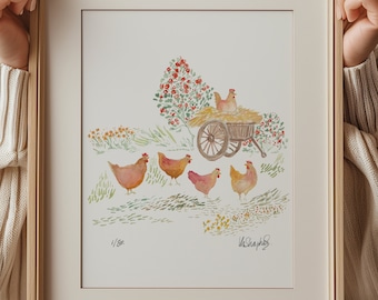 Aquarell Huhn Print: Cottagecore Huhn Kunst (A4)