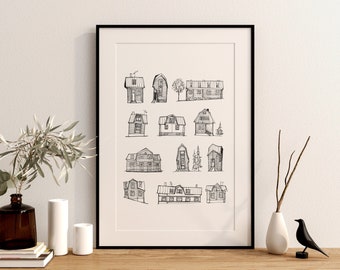 Cottage wall decor  Minimalist drawing, Helsinki Art Print, Finnish Architecture Scandinavian gift