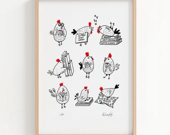Chicken Art Print: Farmhouse living room wall decor, chickens and books illustration A4 signed
