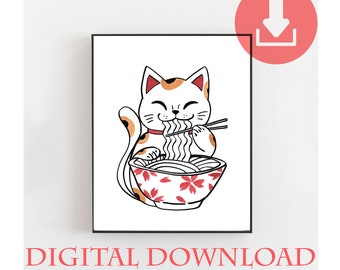 Ramen Printable Art: Japanese Cat Print, Kitchen Wall Art (Digital Download) A5, A4, A3
