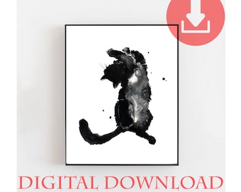 Printbare afbeelding van een zwarte kat: Japans gelukscadeau, monochrome woondecoratie (digitale download)