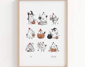 Halloween wall art, chicken print, farmhouse kitchen, country decor, rustic hens illustration signed gift