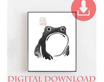 Print van een Japanse kikker: minimalistische printbare kunst, monochrome decoratie, blikvanger aan de muur (digitale download)